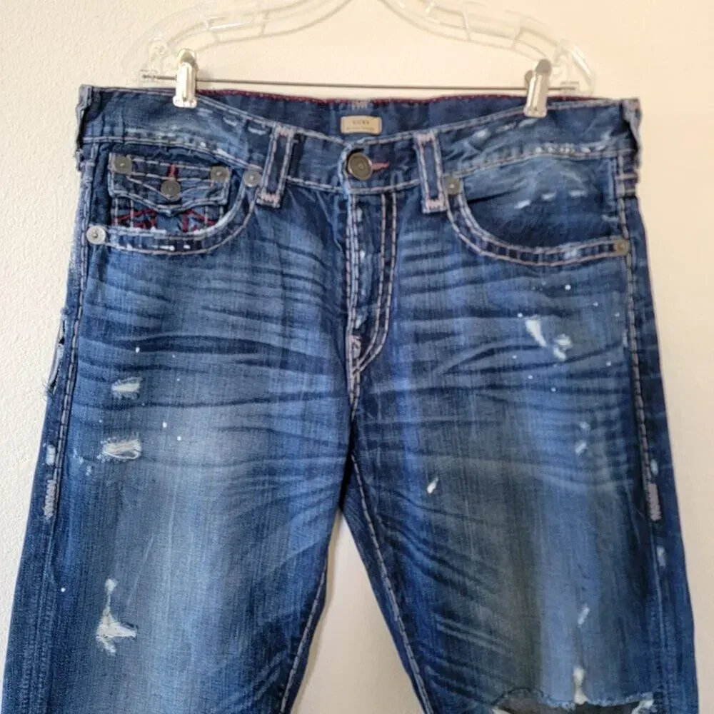 True Religion Ricky Relaxed Straight Leg Jeans Blue Distressed Men Size 38x34